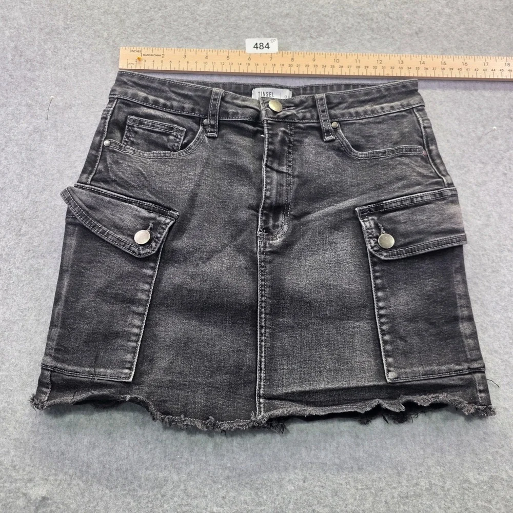 Tinsel Black Denim Cargo Mini Skirt Frayed Raw Hem Size 28 Utility Y2K Style